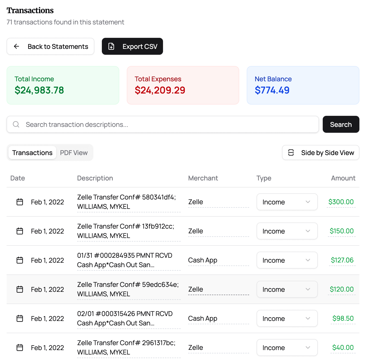 CapyParse transactions extraction interface