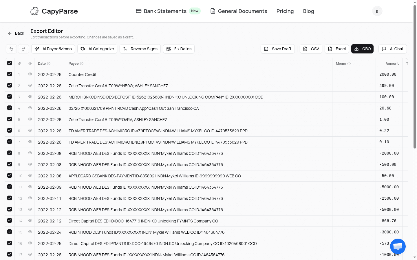 Edit Bank Statement Transactions Before Exporting to CSV, Excel, or QBO