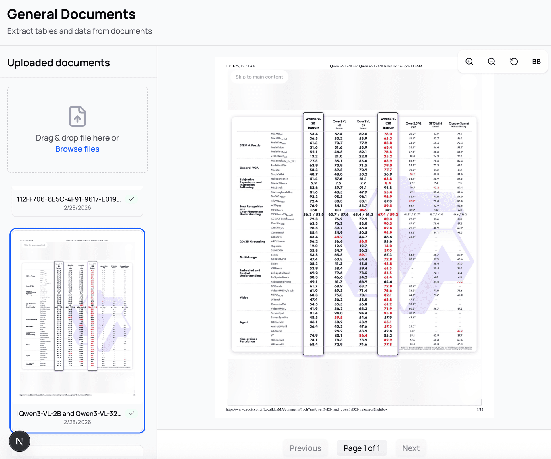 CapyParse general documents upload interface with PDF preview and page thumbnails