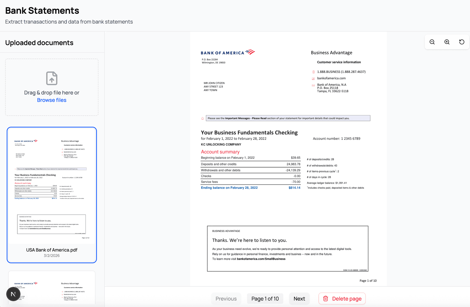 CapyParse upload interface showing a Bank of America PDF statement with page thumbnails and document preview