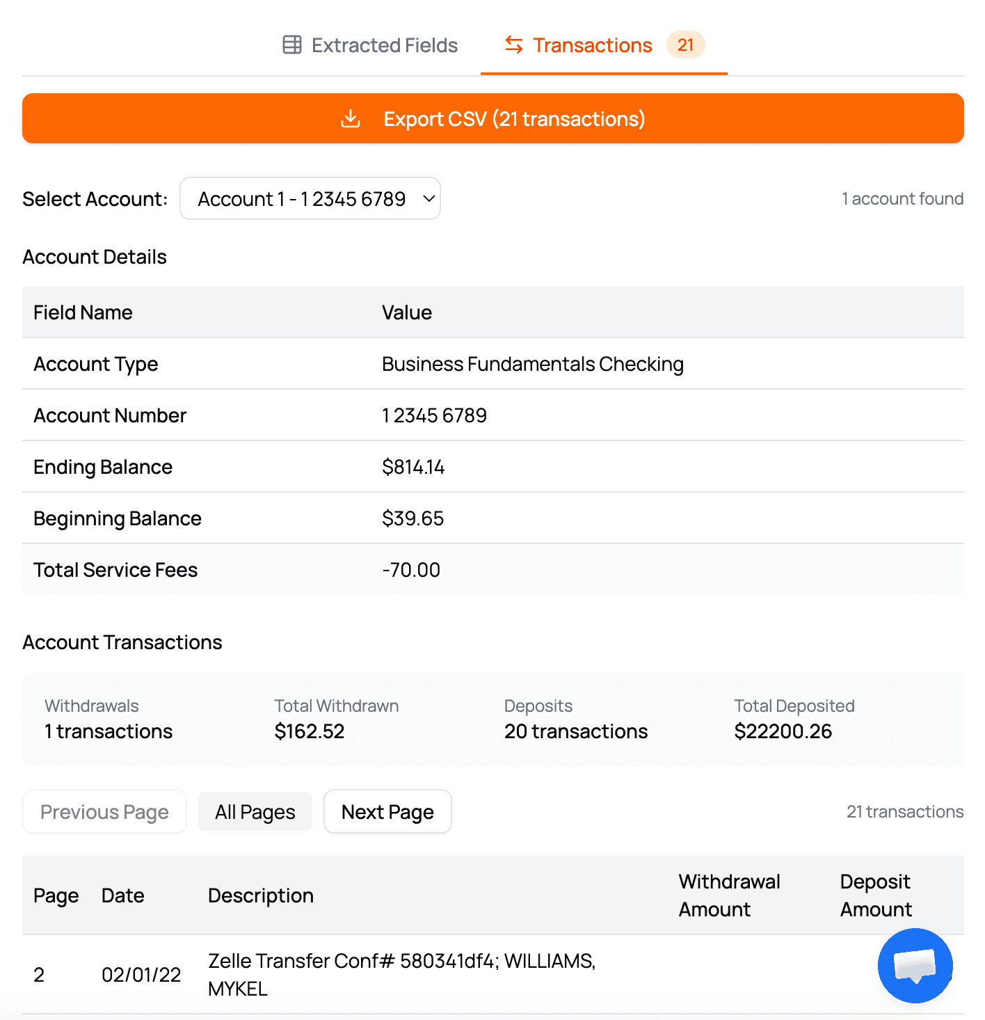CapyParse export view showing extracted account details, transaction summary, and Export CSV button