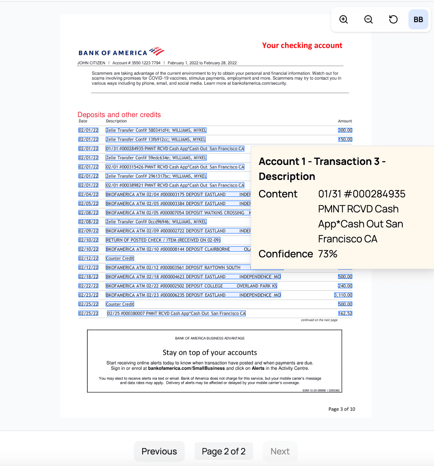 CapyParse side-by-side view showing the original bank statement PDF alongside extracted account details and transactions
