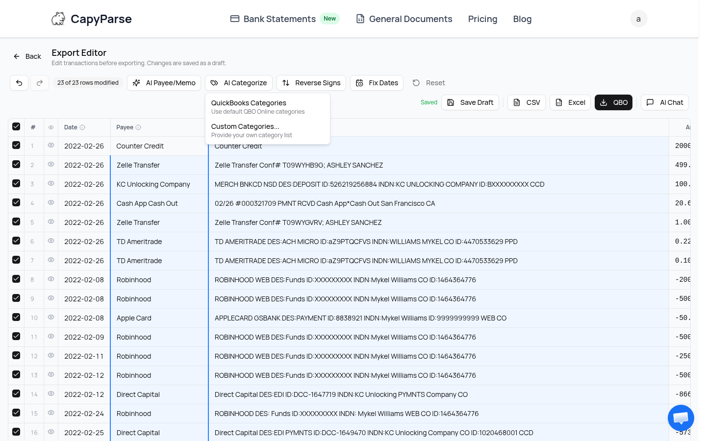 AI Categorize dropdown showing QuickBooks Categories and Custom Categories options