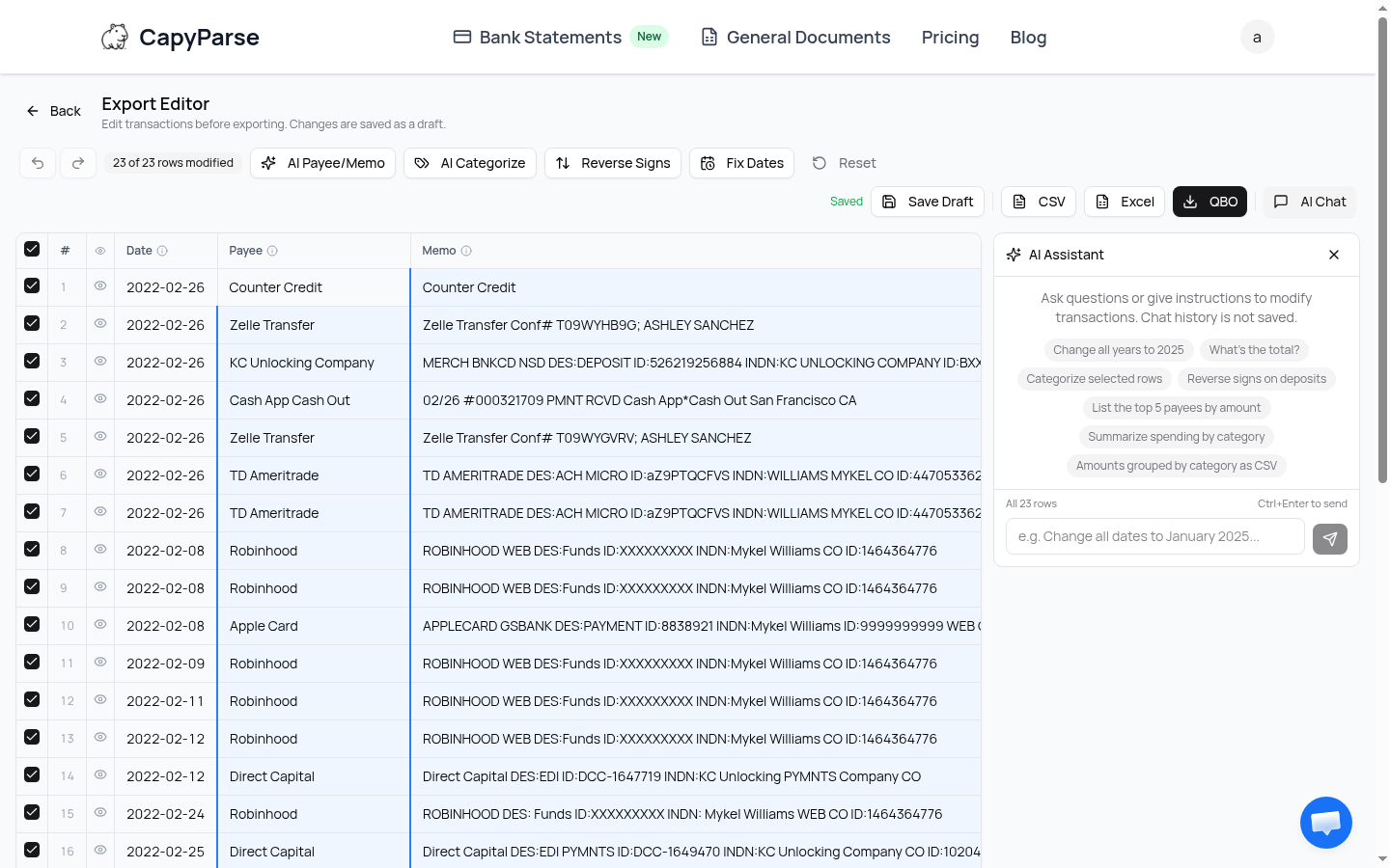 AI Chat assistant panel open in the Export Editor with transaction data context