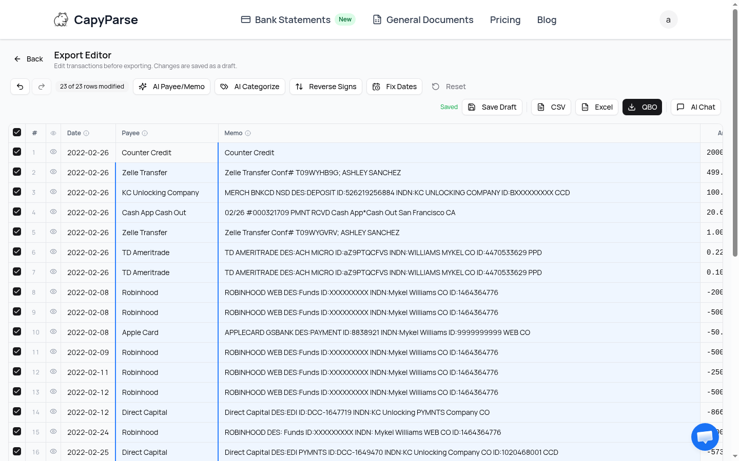 Export Editor after AI Payee/Memo cleanup showing clean payee names like Robinhood, Zelle Transfer, KC Unlocking Company