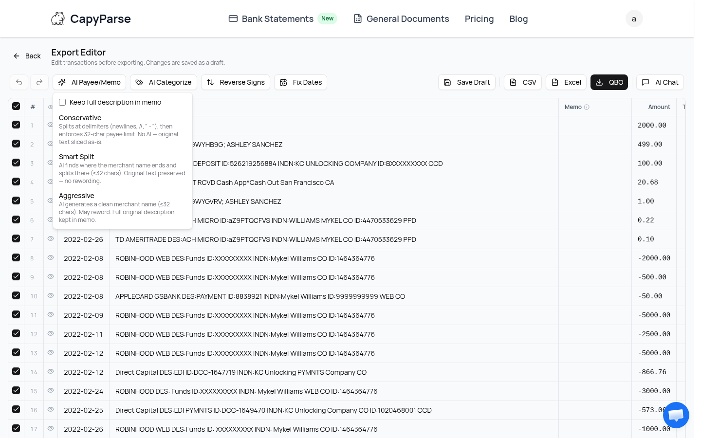 AI Payee/Memo dropdown showing Conservative and Aggressive cleanup options with live previews