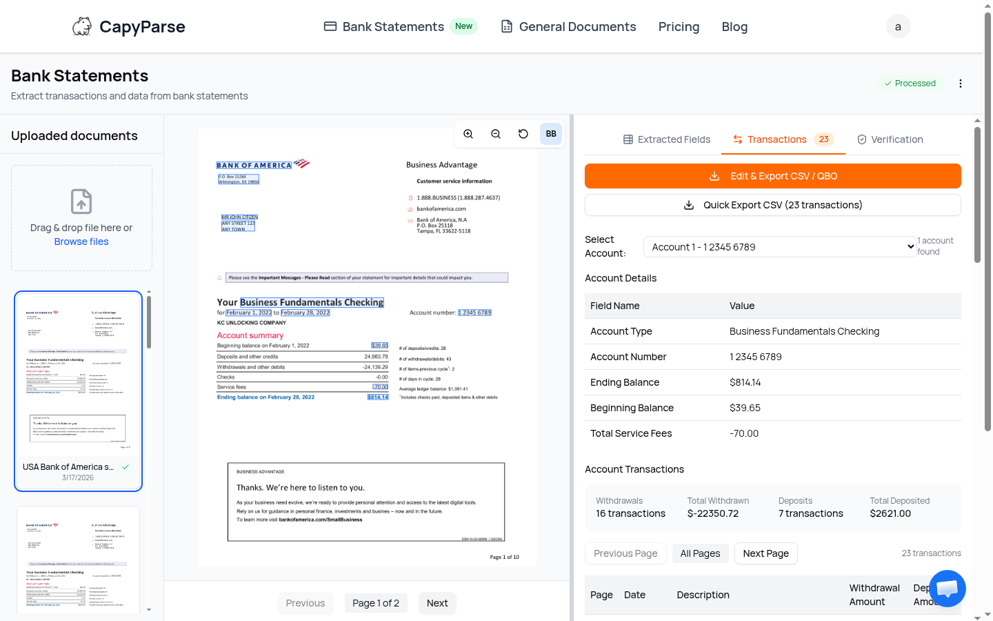 CapyParse dashboard showing a processed Bank of America statement with the Edit and Export button in the right sidebar