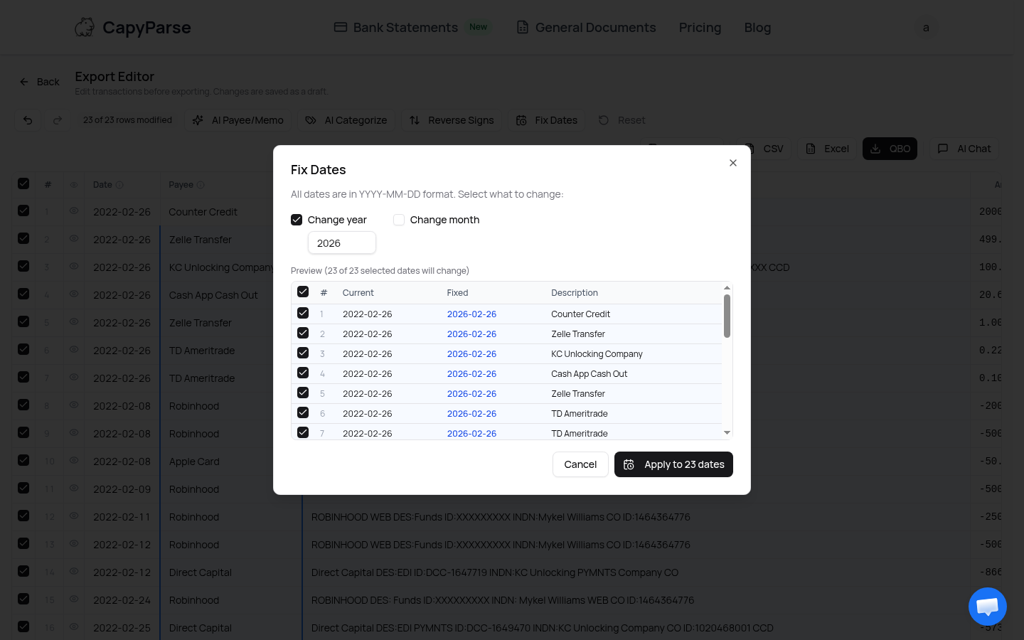 Fix Dates dialog showing year correction with a preview of current and fixed dates for all 23 transactions
