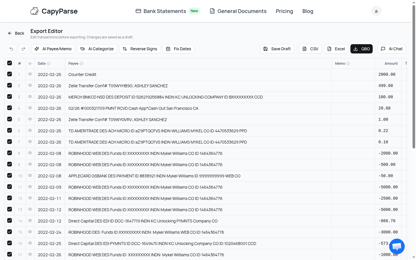 CapyParse Export Editor showing all 23 extracted transactions in an editable spreadsheet view