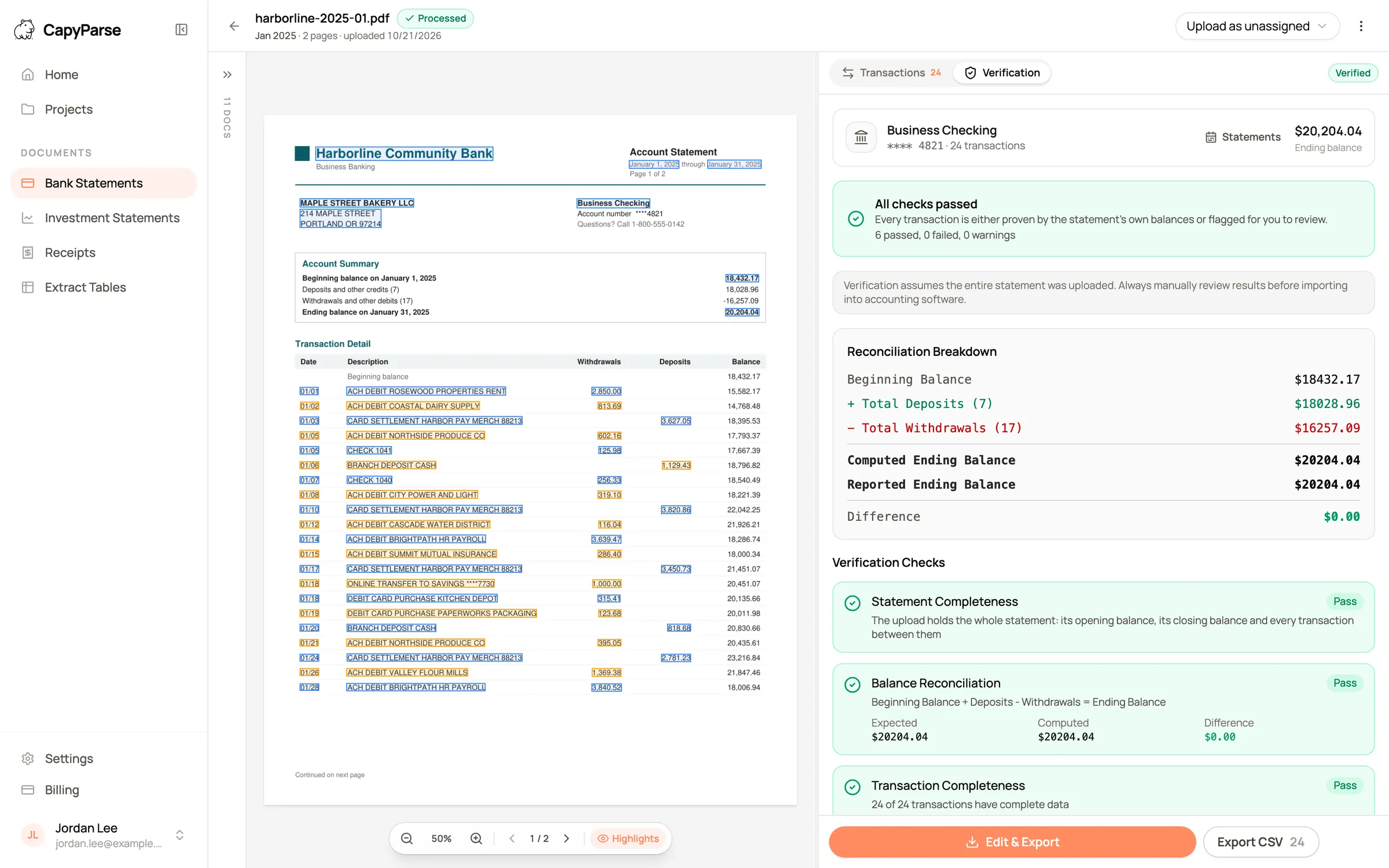 The CapyParse statement view: the January 2025 Harborline statement with every transaction marked on the page, beside a Verification tab that shows all checks passed and a difference of $0.00.
