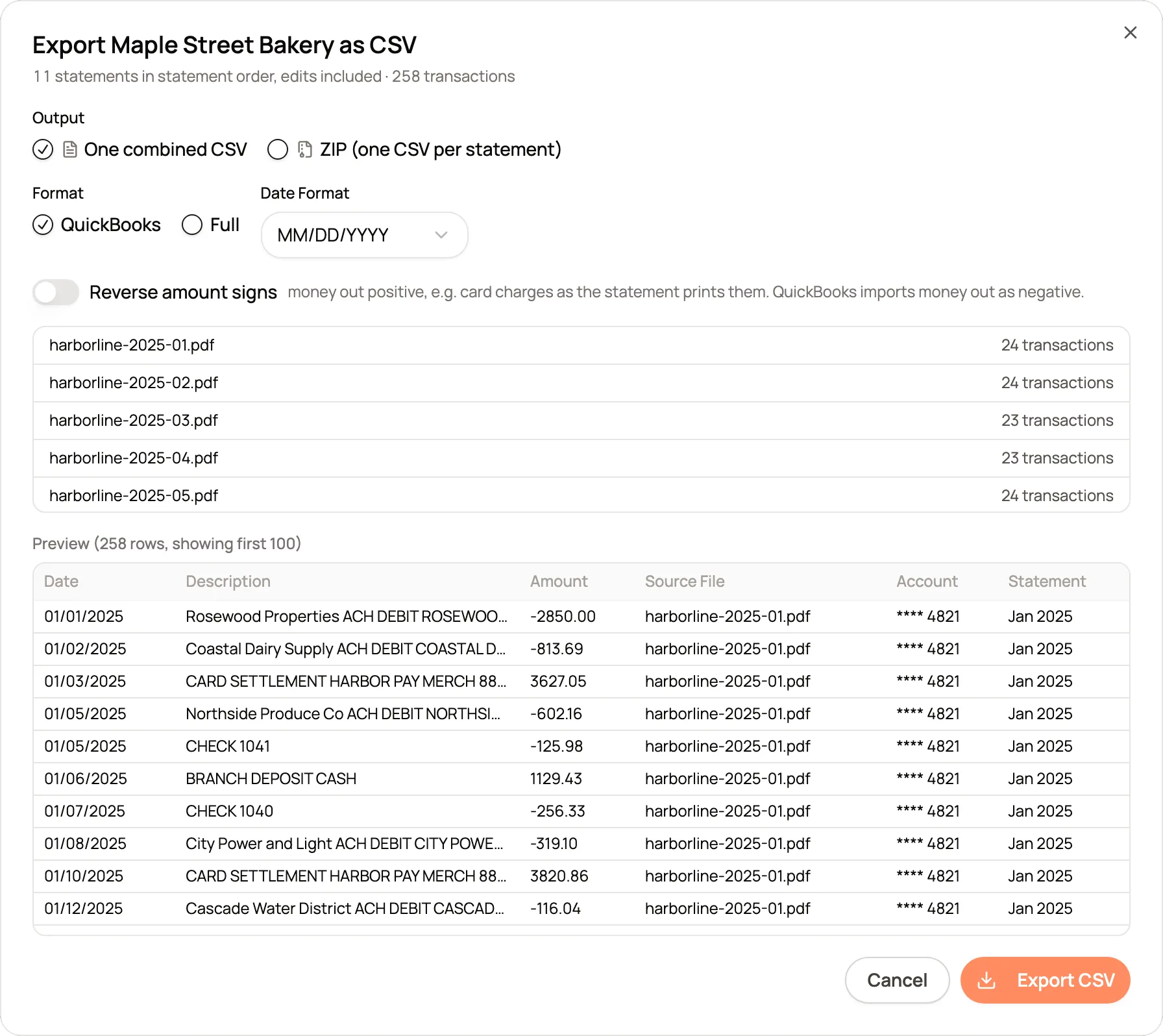 The export dialog for the Maple Street Bakery project: eleven statements combined into one CSV of 258 transactions, with a preview of the date, description, amount, source file, account and statement columns.