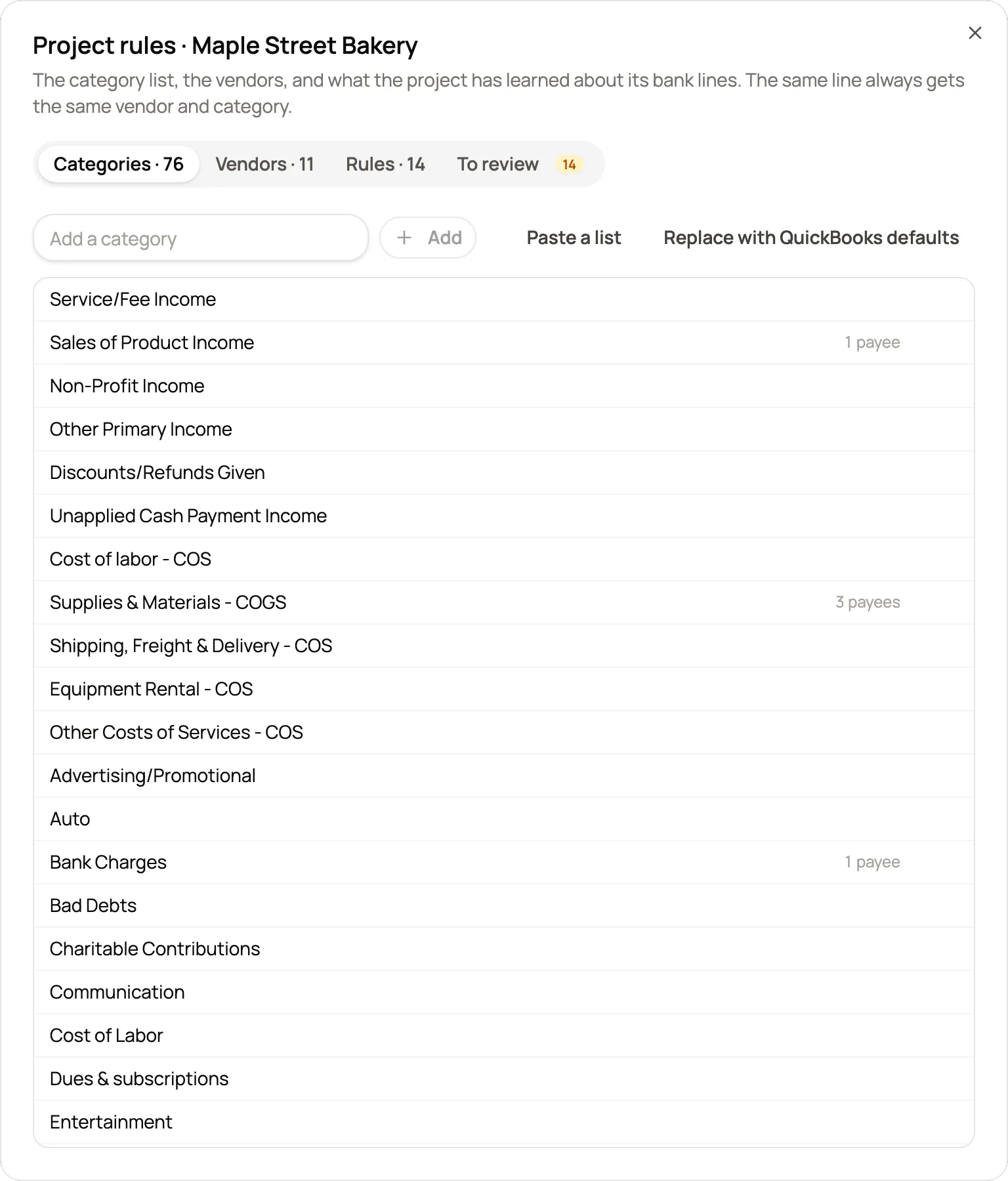 The Categories tab with 76 categories, a Paste a list button and a Replace with QuickBooks defaults button.