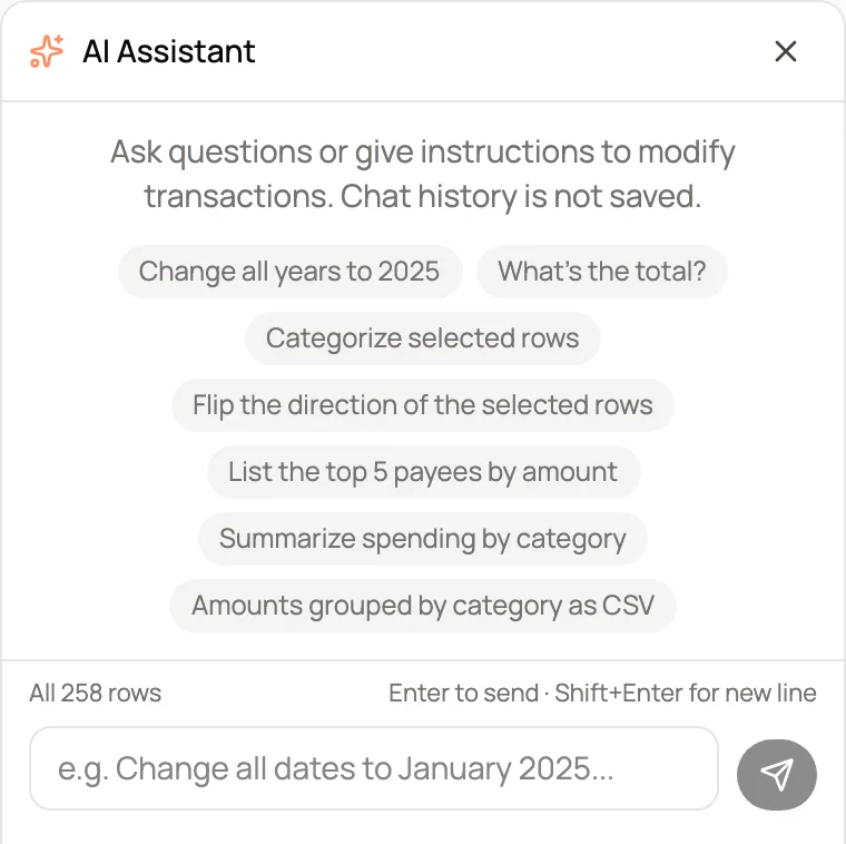 The AI Assistant panel with suggested prompts such as List the top 5 payees by amount and Summarize spending by category.