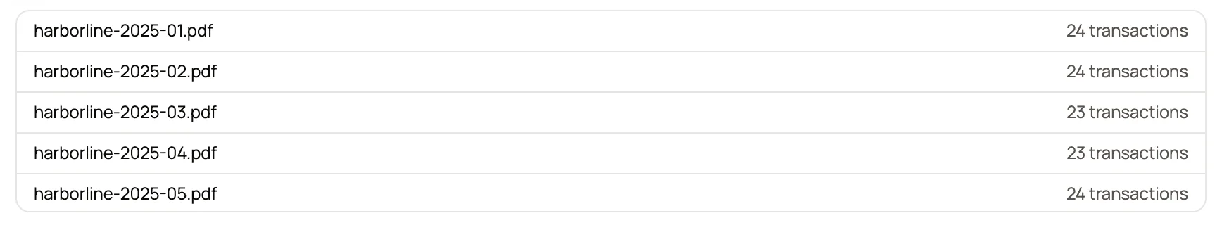 The export dialog listing the monthly Harborline statement files with their transaction counts.