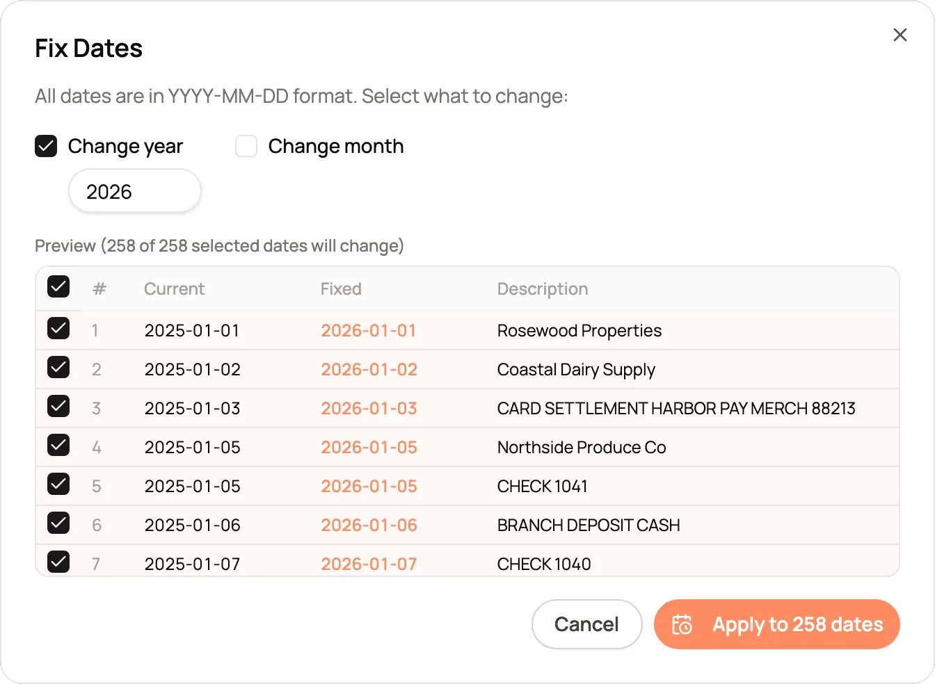 The Fix Dates dialog changing the year on 258 dates, with each current and fixed date side by side.