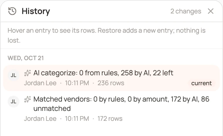 The project history with a vendor match and an AI categorize run by Jordan Lee.