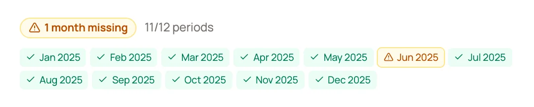 The month checklist for 2025 with eleven months ticked and June marked missing.