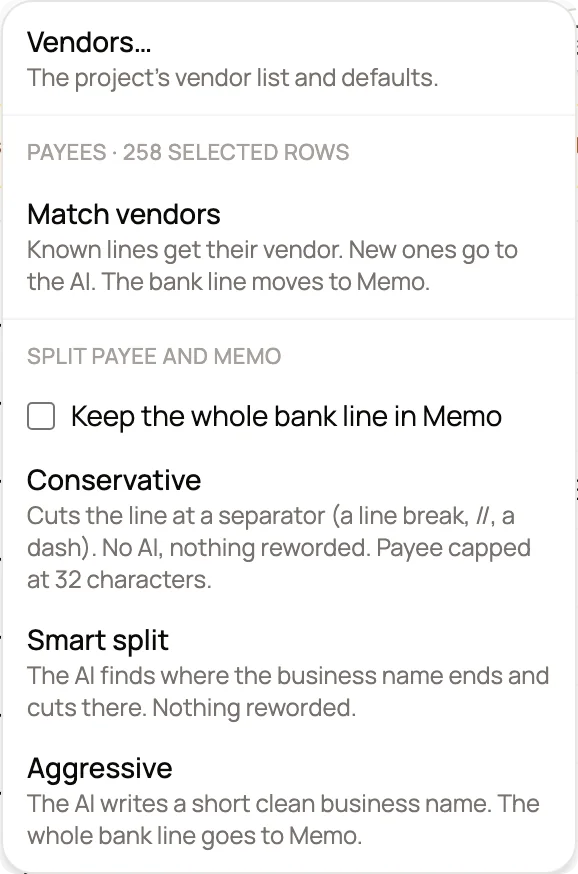 The AI Payee and Memo menu with Match vendors, Conservative, Smart split and Aggressive options.