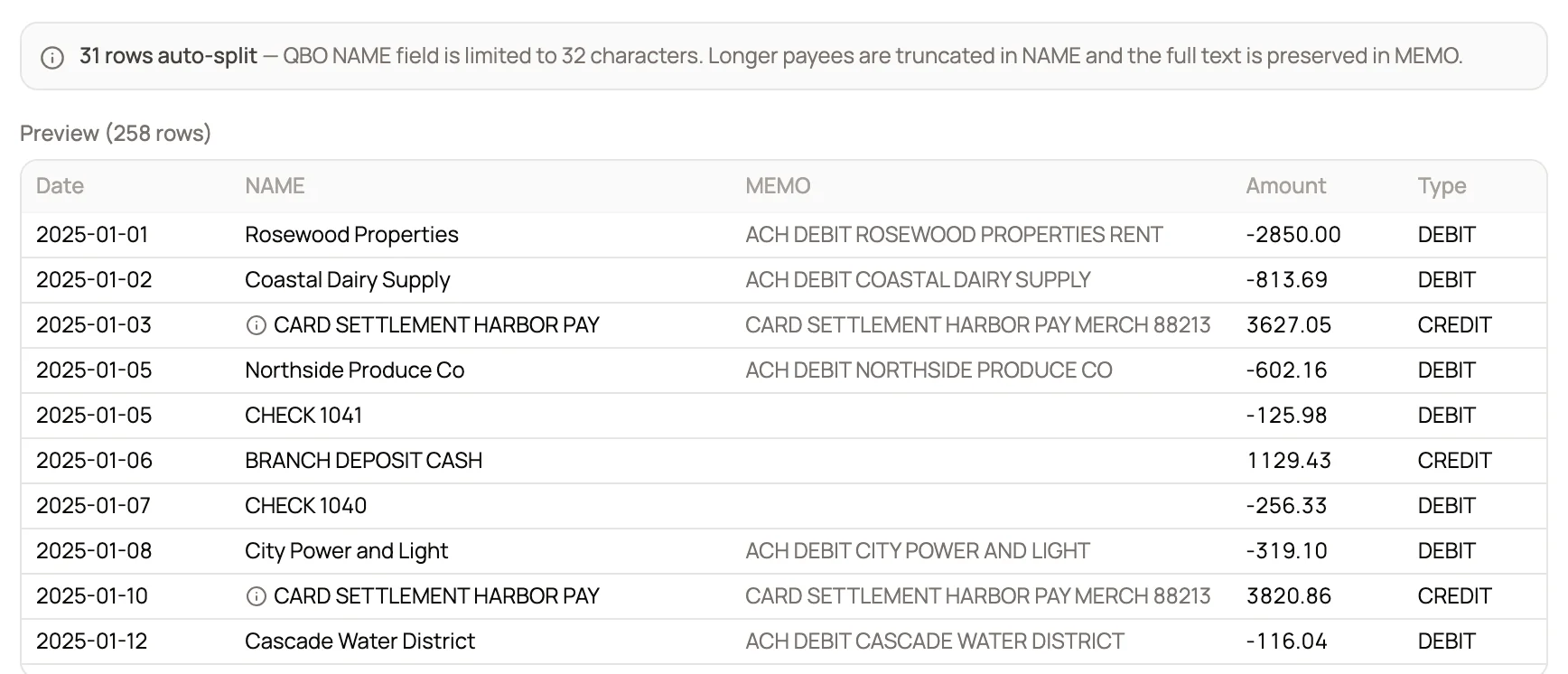 The QBO preview with name and memo columns and a notice that 31 rows were split to fit the 32 character limit.