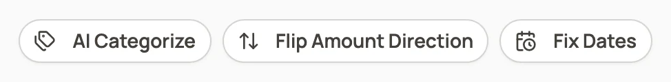 Editor toolbar buttons: AI Categorize, Flip Amount Direction and Fix Dates.