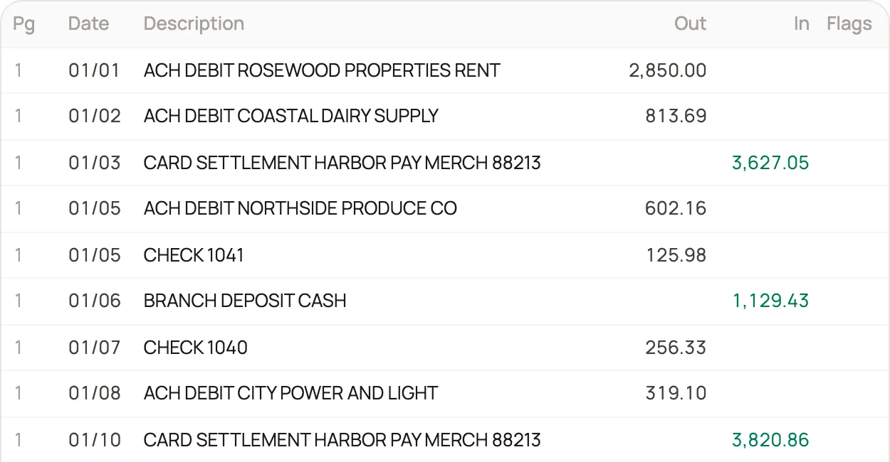 The extracted transactions with page, date, description, money out and money in columns.