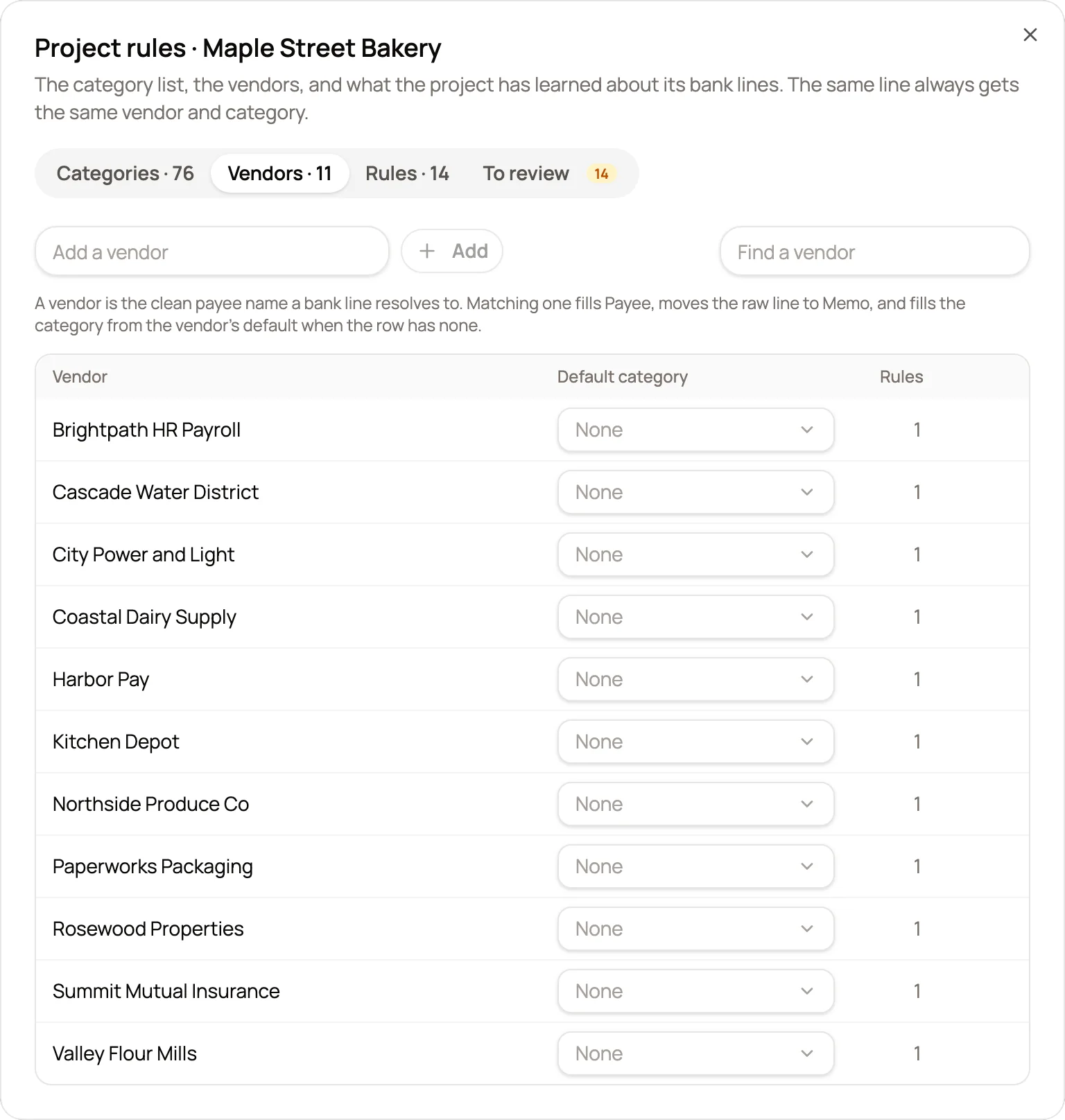 The Vendors tab of the project rules, listing eleven vendors with a default category for each.