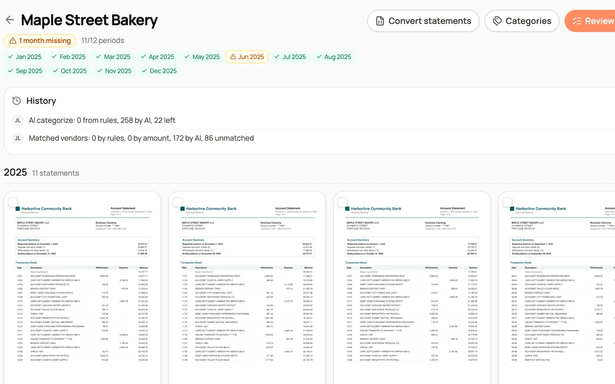 A CapyParse project for Maple Street Bakery holding eleven monthly statements from Harborline Community Bank, with a month checklist that marks June 2025 as missing.