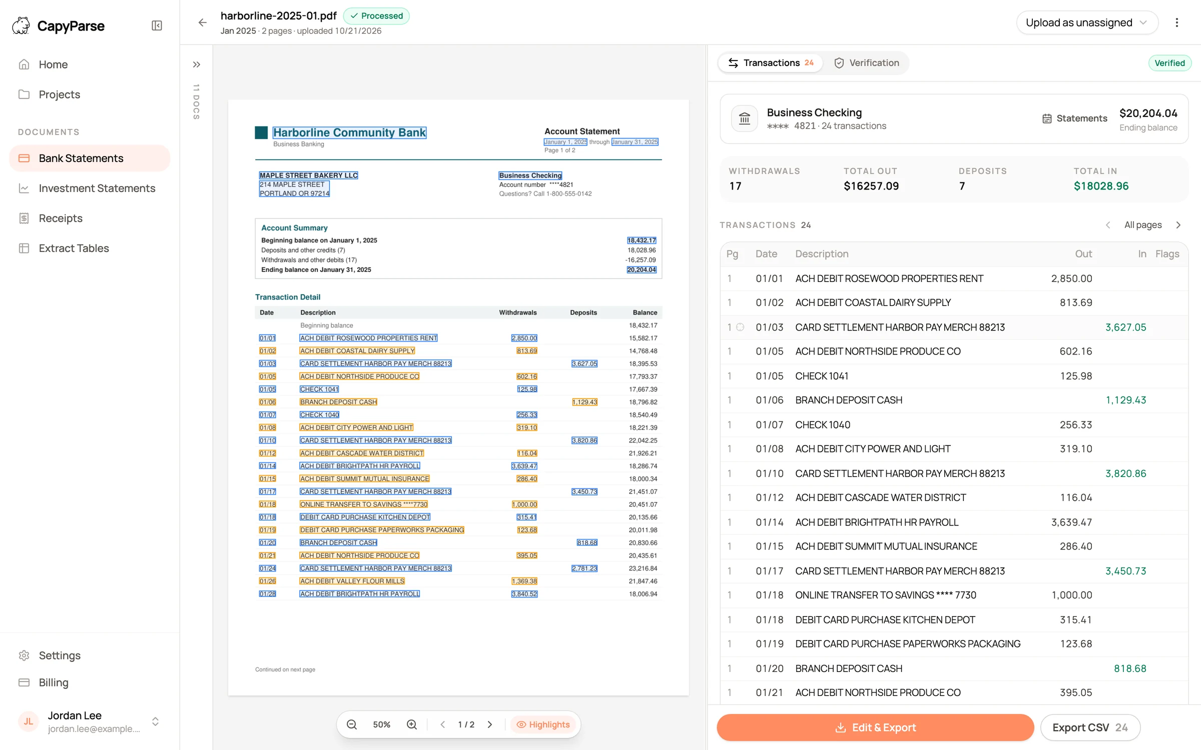 CapyParse statement view: the original bank statement page with every transaction highlighted, next to the extracted transactions, marked Verified against the statement's balances.